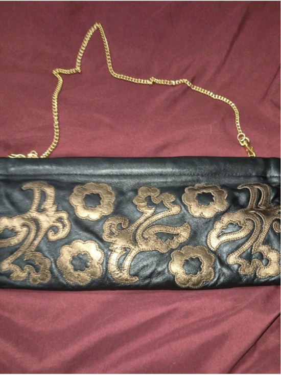 Great American Leatherworks Handbags - Great American Leatherworks Black & Bronze Floral Leather Clutch removable chain